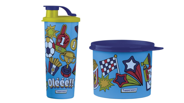 Jogo Tupperware 500ml Azul +Copo Infantil Com Bico Hora Do Jogo Tupperware 470ml Azul